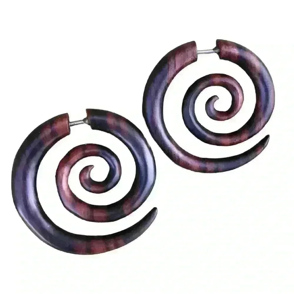 Organic wooden spiral hoop earrings fake gauges by umbrellalaboratory - Picture 7 of 8